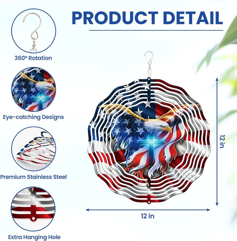 FLAGWIX American Eagle Decorations - 3D Stainless Steel Metal Wind Spinners 12 in - Eagles for Men Women Friends, Eagle Decorations for Window Outdoor Yard Garden - Image 3